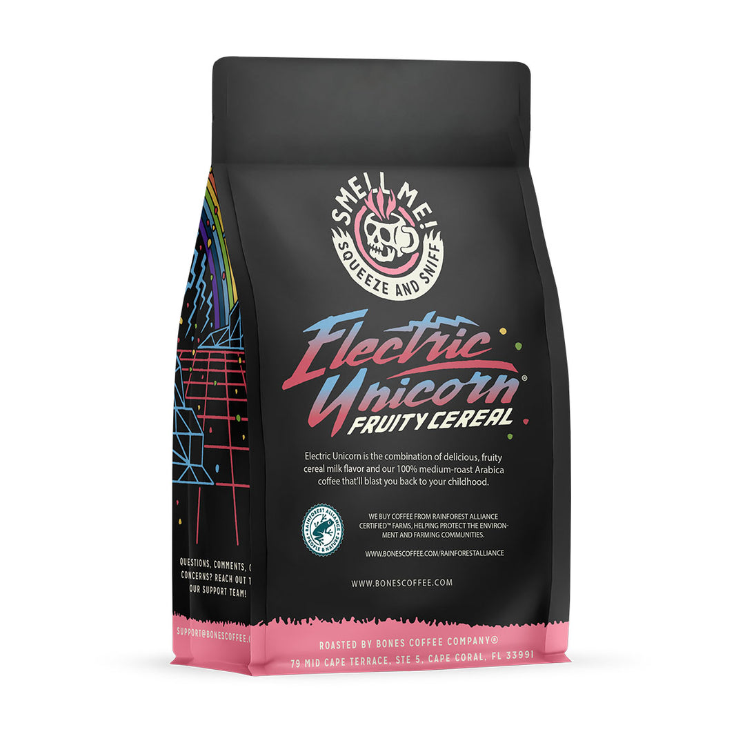 Bones Coffee Company Electric Unicorn Flavored GROUND Coffee Beans Fruity Cereal With Milk Flavor