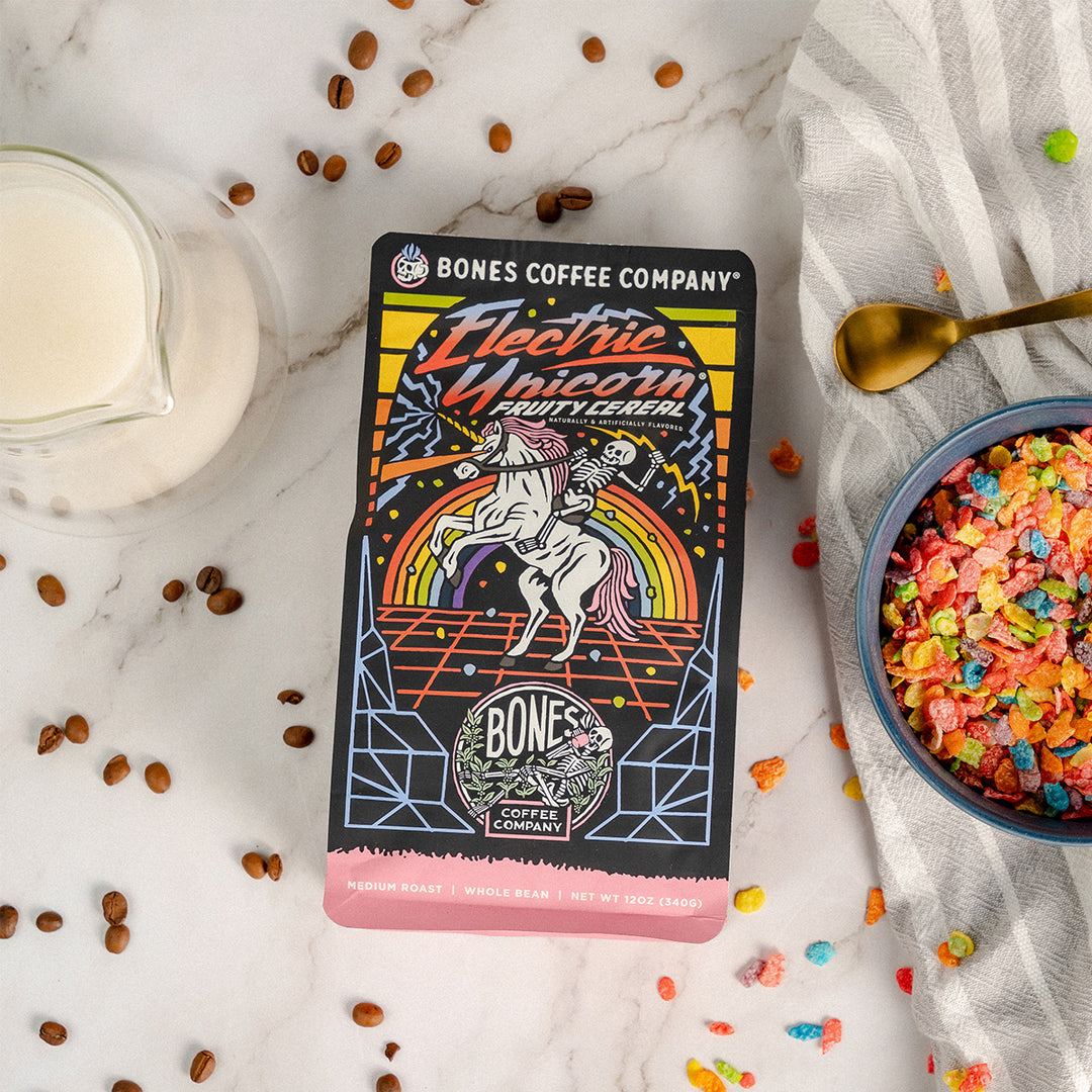 Bones Coffee Company Electric Unicorn Flavored GROUND Coffee Beans Fruity Cereal With Milk Flavor