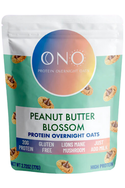 ONO Protein Overnight Oat- Peanut Butter Blossom, Peanut Butter Blossom Single Serving, 2.72 oz packet.
