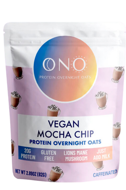 ONO Protein Overnight Oats- Vegan Mocha Chip, Mocha Chip Single Serving, 2.89 oz packet.