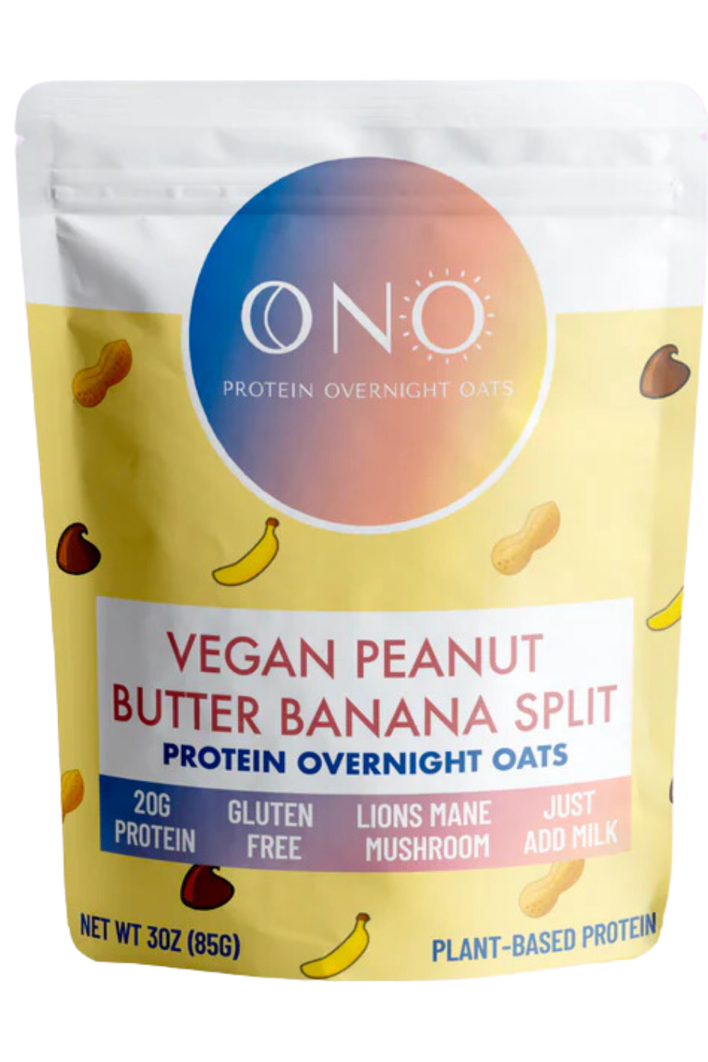 ONO Protein Overnight Oats- Vegan Peanut Butter Banana Split, PB Banana Split Single Serving, 3.00 oz packet.