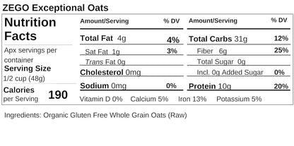 ZEGO Gluten Free Organic Raw Rolled Oats - Double Protein - 14 oz bag